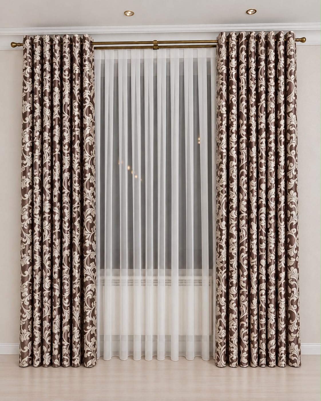 Turkish Eyelet Curtains - Brown W/ Silver Print (145cm X 230cm) (Pack Of 2 Drops) (Unlined)