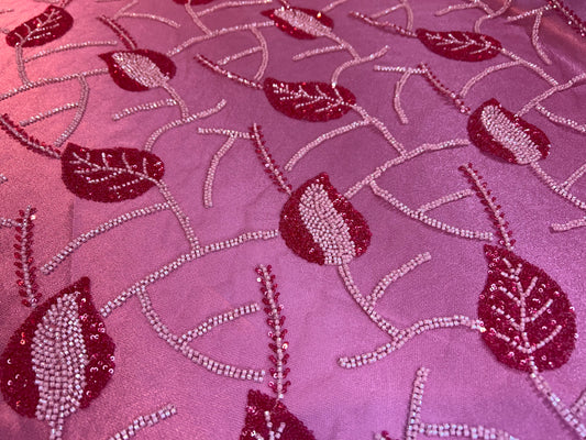 Beaded Leaf Fabric-Pink